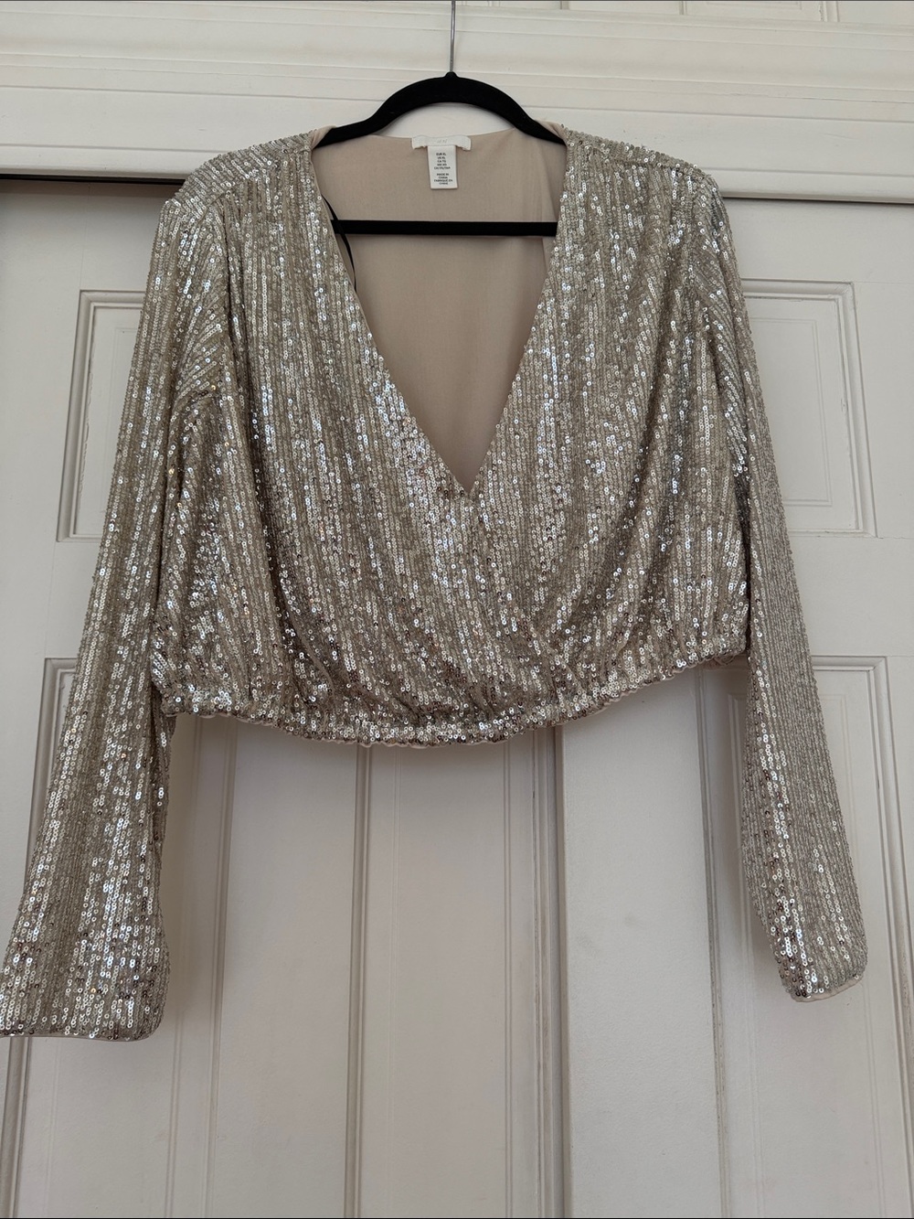 H&M Champagne Sequin Draped V-Neck Crop Top